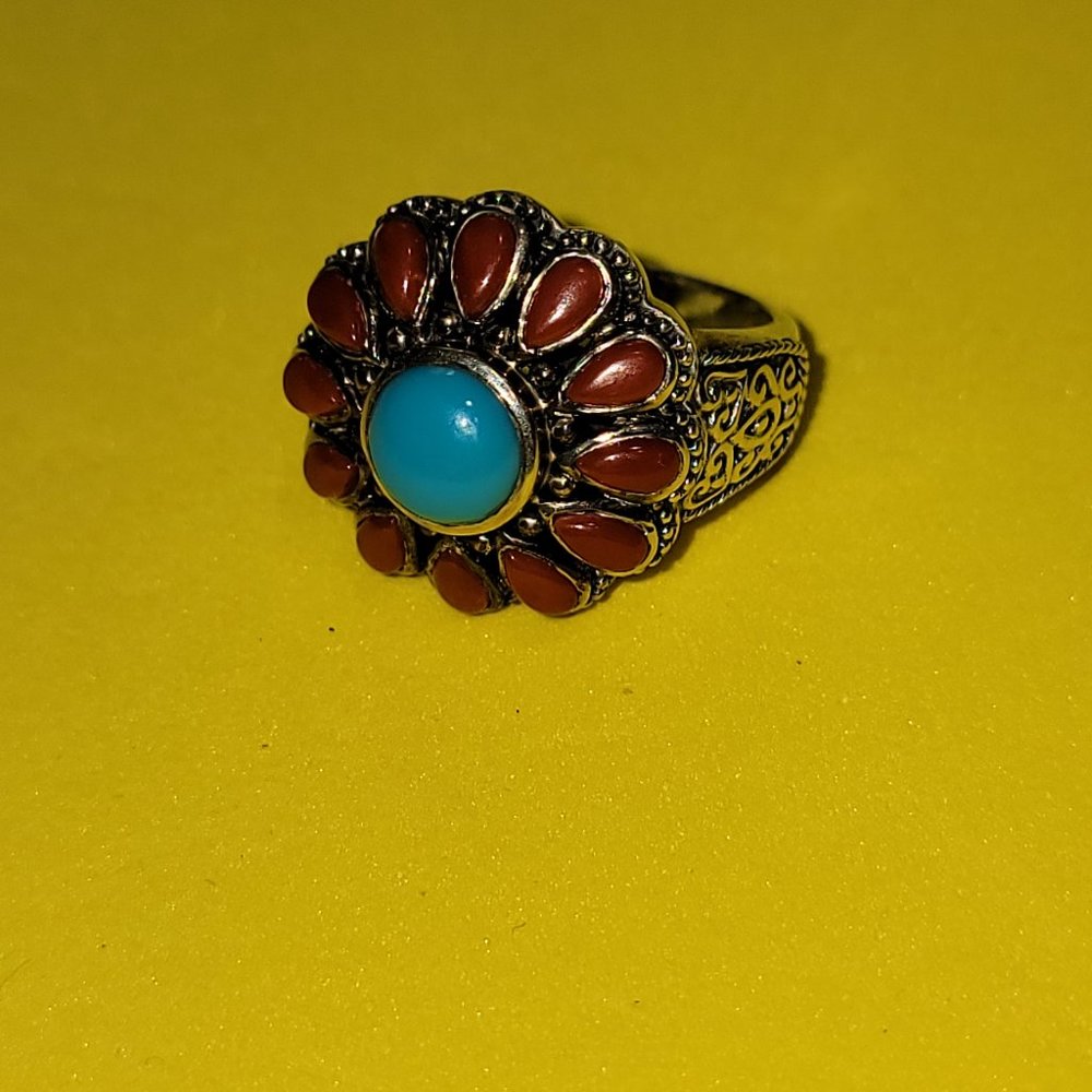 Samuel B Sterling Silver Tourquois  and Coral Ring